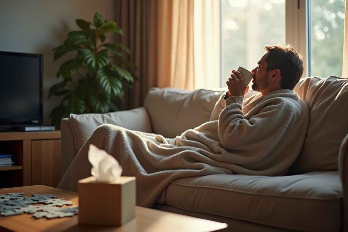 Adulte détendu sur un canapé avec tasse et puzzle