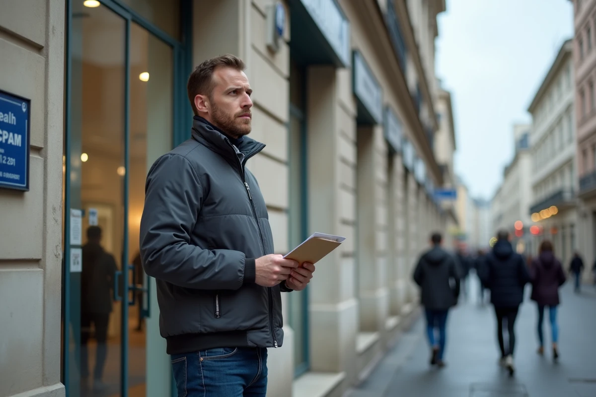 Homme devant une agence CPAM de Lyon tenant une enveloppe pour signaler une carte Vitale perdue par courrier