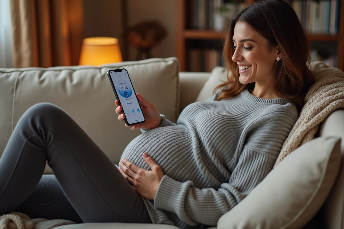 Femme enceinte utilisant une application mobile pour estimer sa date d'accouchement