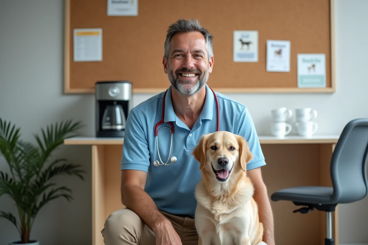 Assistante veterinaire souriante avec chien dans salle de pause