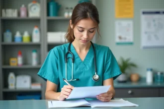 Assistante veterinaire en scrubs turquoise examine documents