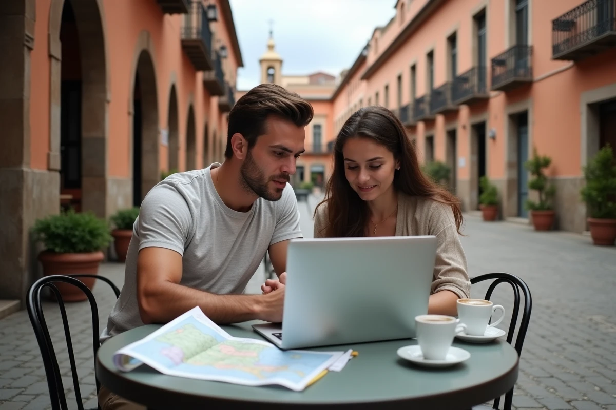 Couple de voyageurs consultant une assurance santé voyage en terrasse lors de la planification d'un tour du monde