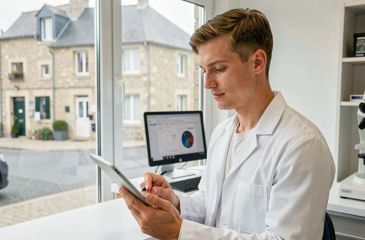 Jeune ophtalmologue consultant des notes sur tablette dans un cabinet moderne avec vue sur une rue bretonne