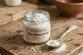 Pot de bicarbonate alimentaire ouvert avec une cuillère en céramique sur un comptoir en bois rustique dans une cuisine familiale