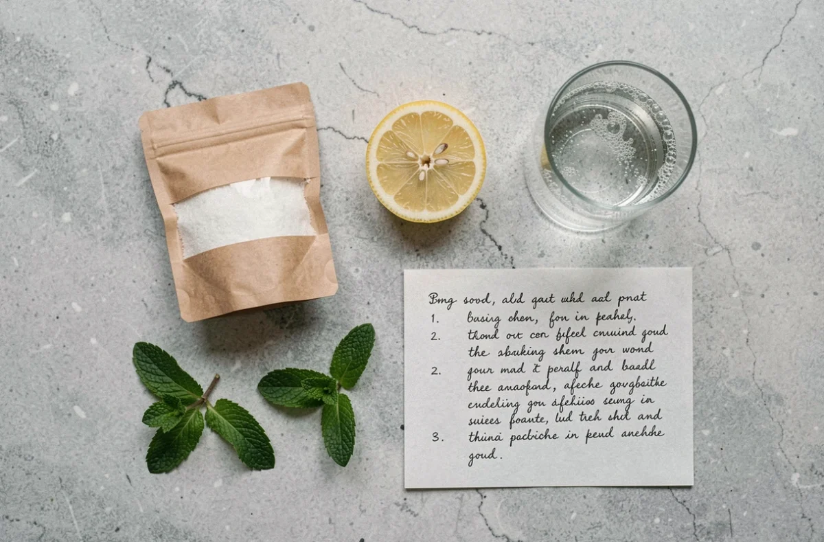 Mise en scène à plat de bicarbonate alimentaire avec citron, menthe et eau gazeuse sur pierre grise pour article bien-être