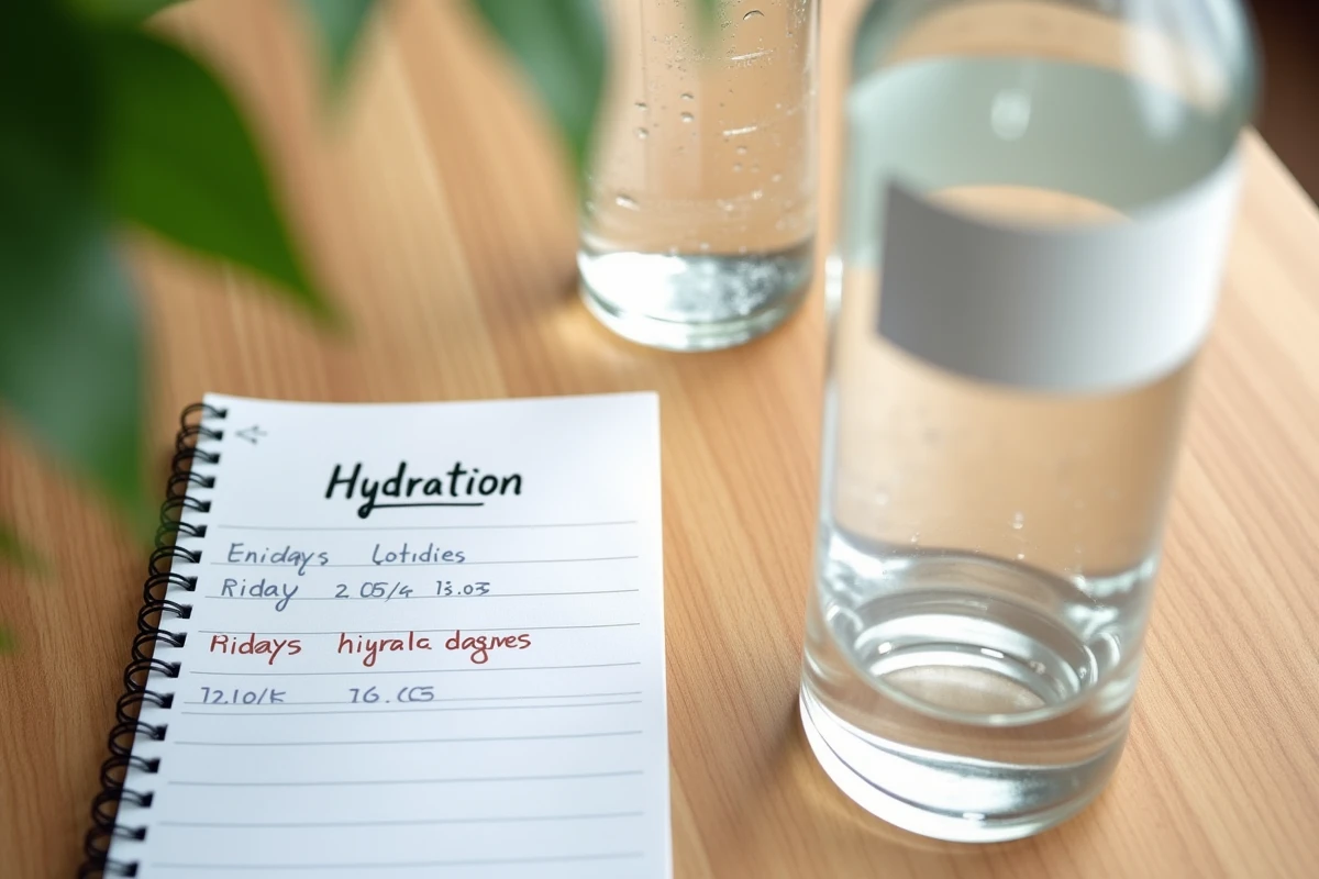Bouteille d'eau minérale Saint Antonin et verre d'eau posés sur une table en bois avec un carnet de suivi d'hydratation