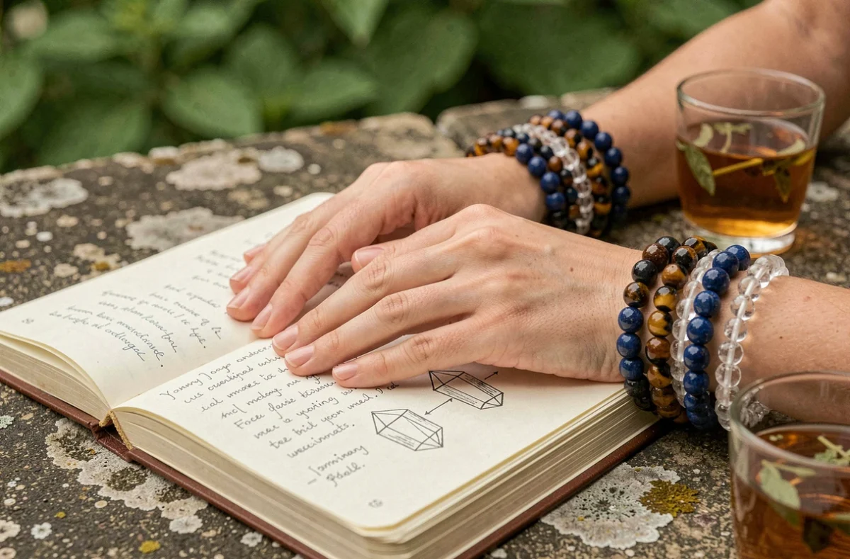 Mains portant des bracelets en pierres semi-précieuses empilés posées sur un journal de lithothérapie, choisir ses bijoux énergétiques