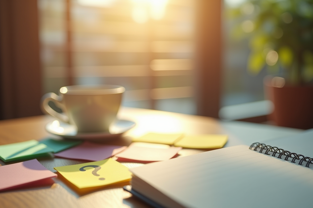Espace de travail avec carnet et note jaune question