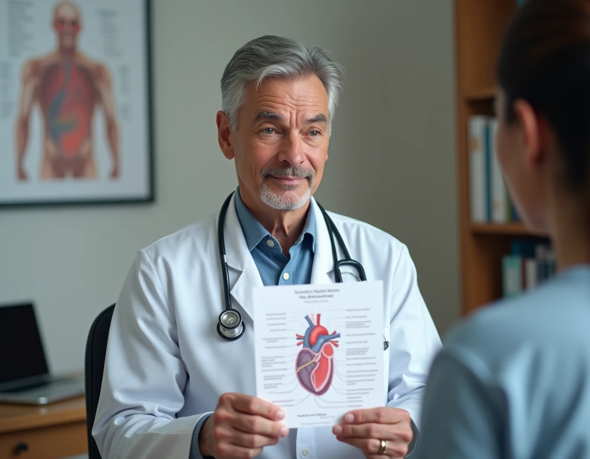 Cardiologue expliquant la dur&eacute;e de vie d'un stent coronarien &agrave; un patient lors d'une consultation m&eacute;dicale