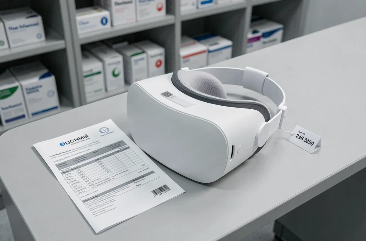 Casque de réalité virtuelle thérapeutique posé avec une facture dans une réserve de matériel d'EHPAD