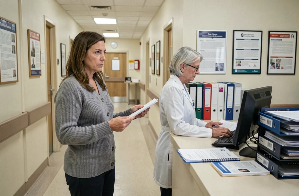 Salariée remettant un document médical à un agent administratif dans un établissement de santé après un accident du travail