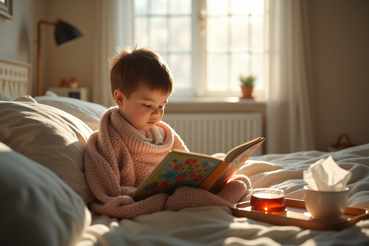Enfant lisant dans une chambre chaleureuse et lumineuse