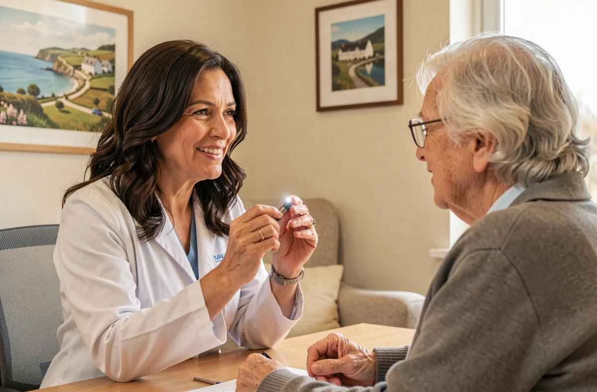 Ophtalmologue femme bienveillante en consultation avec un patient âgé dans un cabinet médical en Bretagne