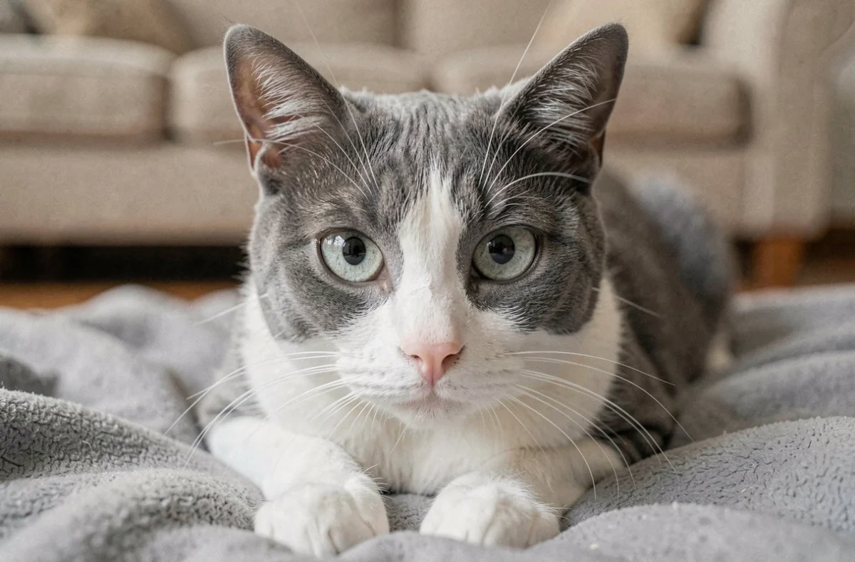 Gros plan sur un chat domestique aux pupilles très dilatées allongé sur une couverture grise, signe possible de maladie