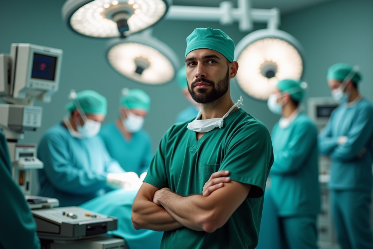 Chirurgien en blouse verte dans une salle d