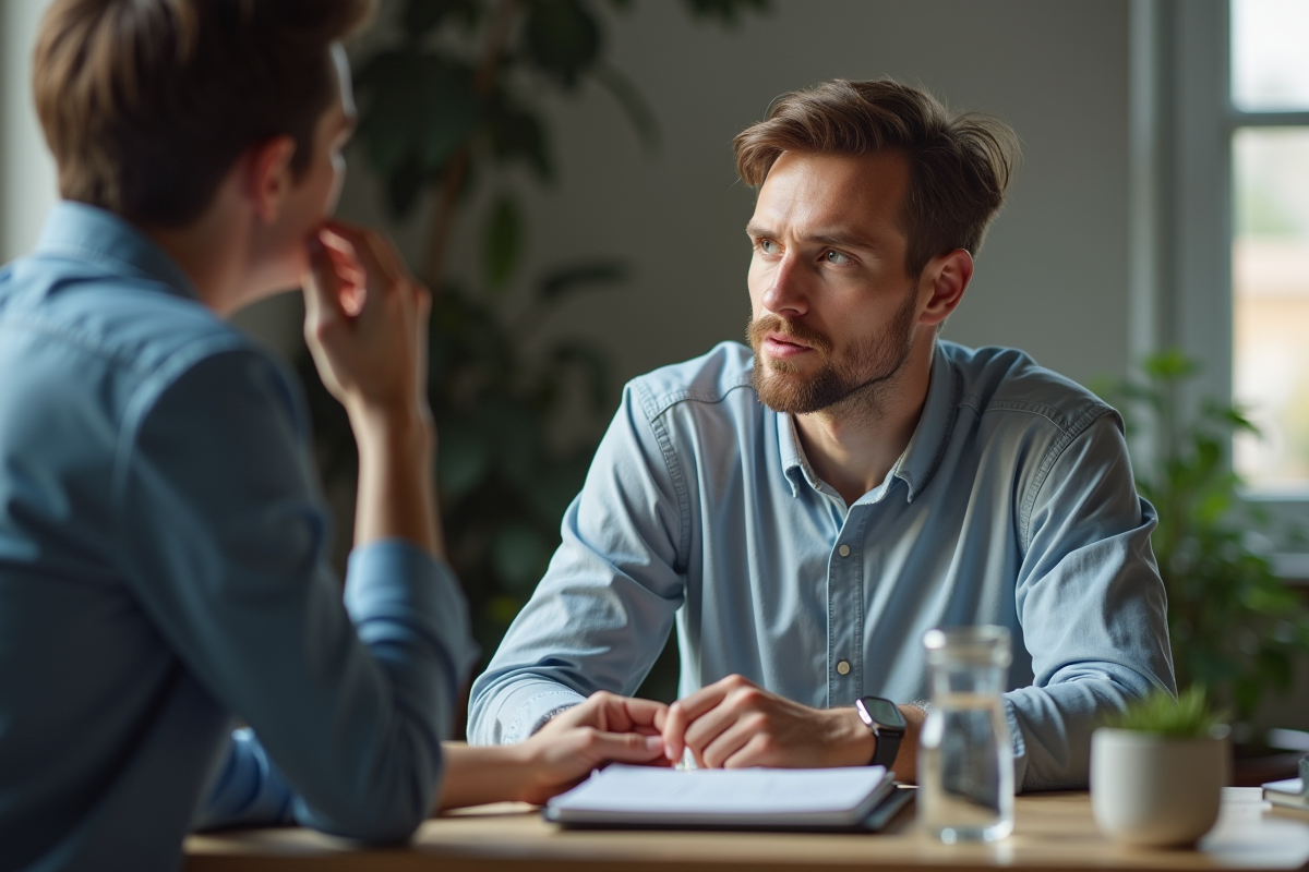 Coach de bien-être conseillant un homme stressé au bureau