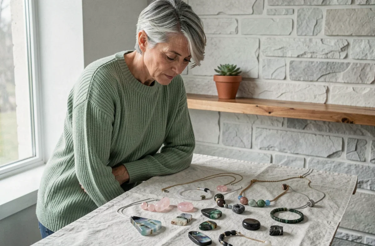 Femme contemplant une collection de colliers en pierres précieuses étalés sur un tissu en lin, choisir sa pierre de vie en lithothérapie