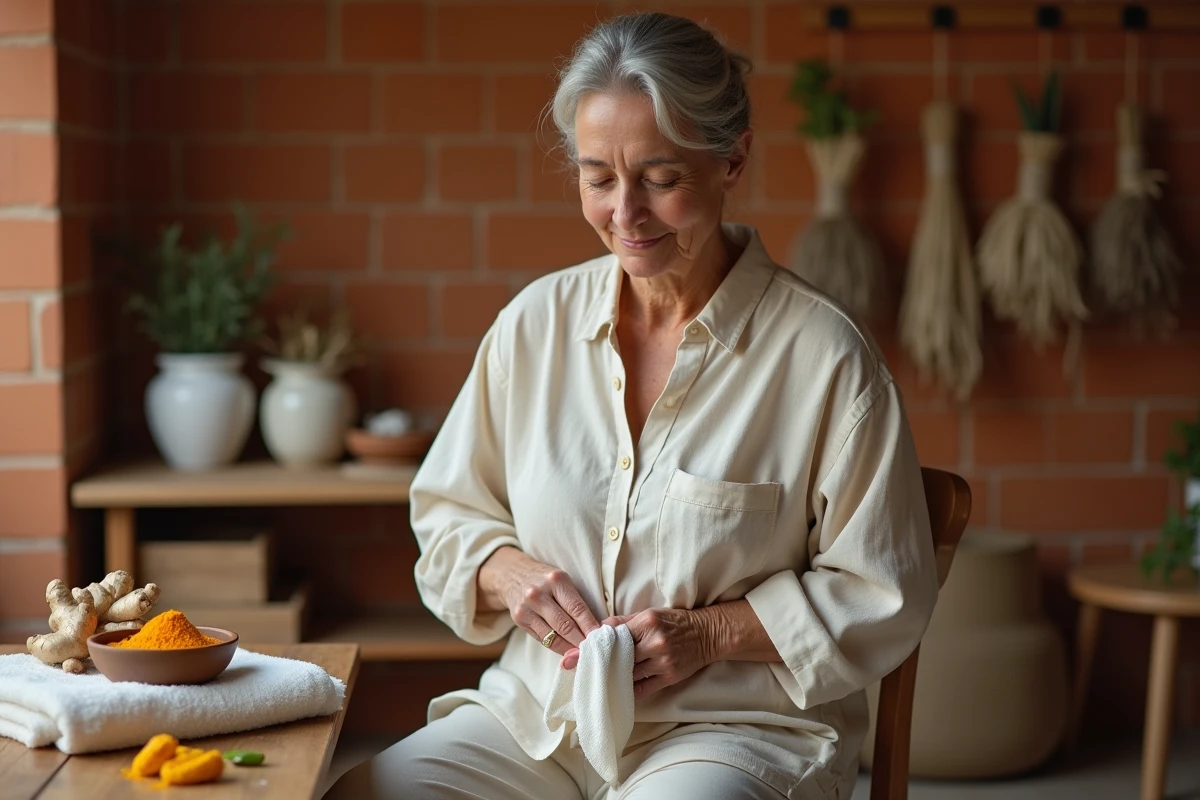 Femme âgée appliquant une compresse chaude sur le bas du dos pour soulager la sciatique avec des remèdes naturels