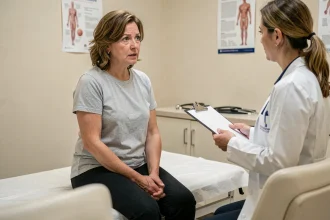 Femme d'âge moyen en consultation médicale discutant d'une boule dans l'aine avec sa médecin généraliste dans un cabinet clinique apaisant