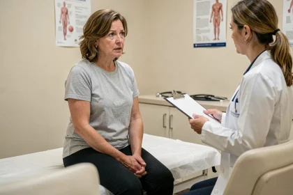 Femme d'âge moyen en consultation médicale discutant d'une boule dans l'aine avec sa médecin généraliste dans un cabinet clinique apaisant