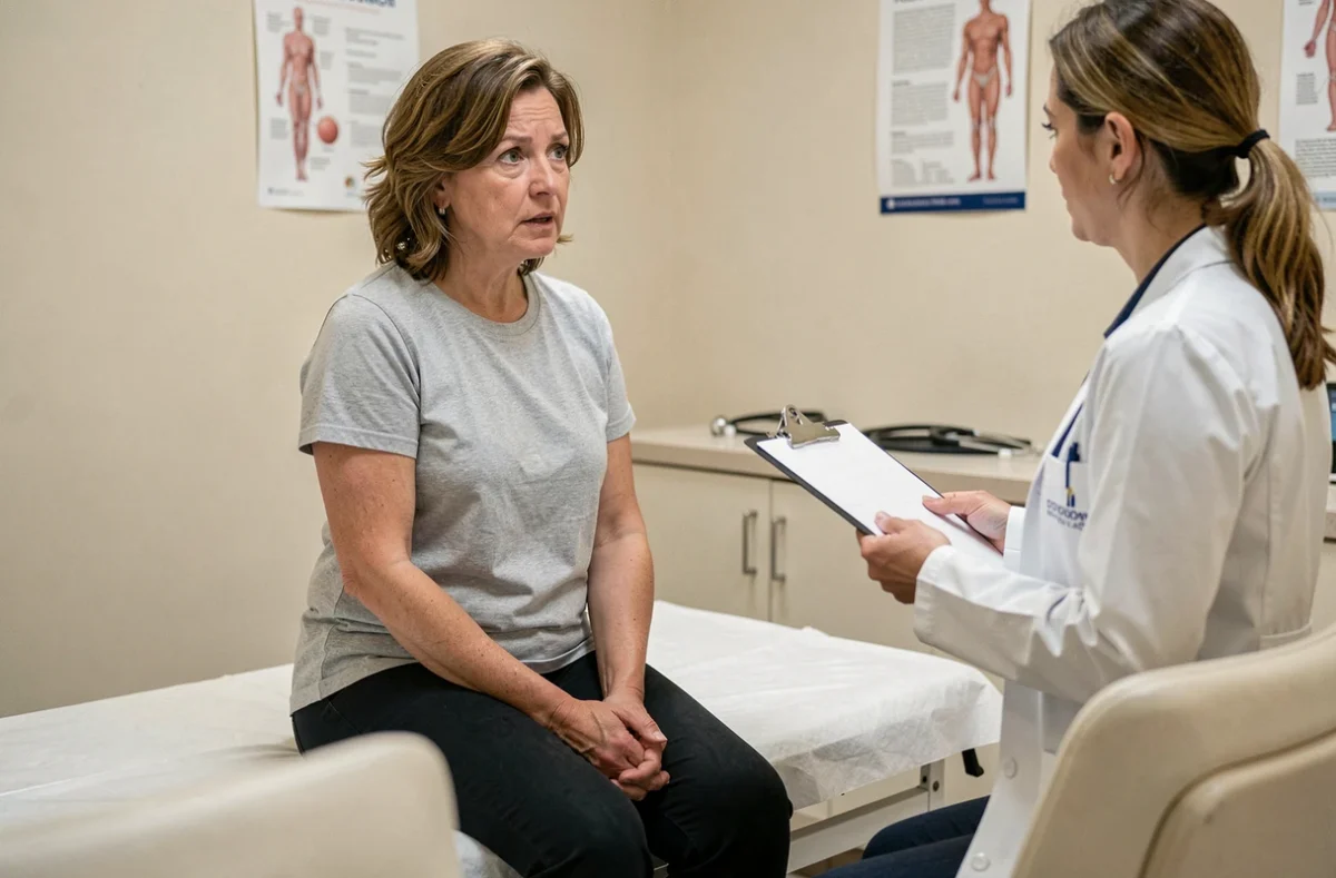 Femme d'âge moyen en consultation médicale discutant d'une boule dans l'aine avec sa médecin généraliste dans un cabinet clinique apaisant