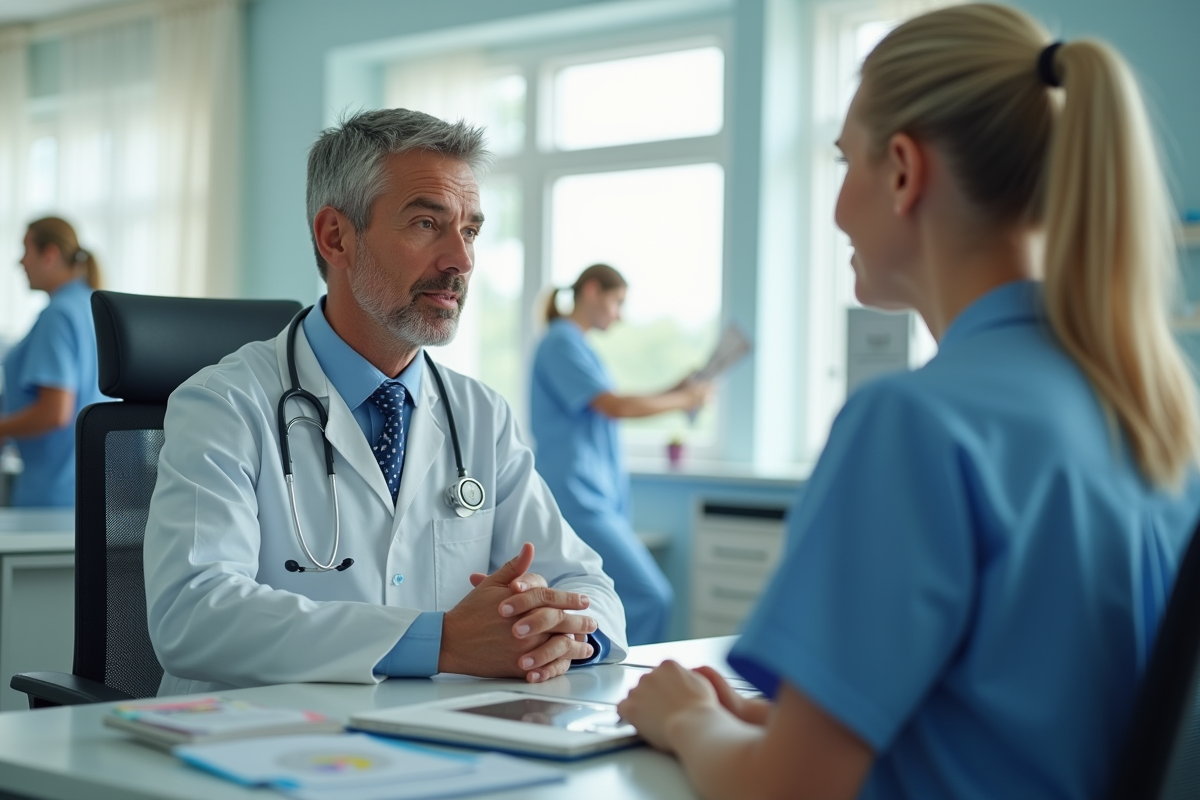 Consultation médicale avec médecin et infirmière dans une clinique lumineuse