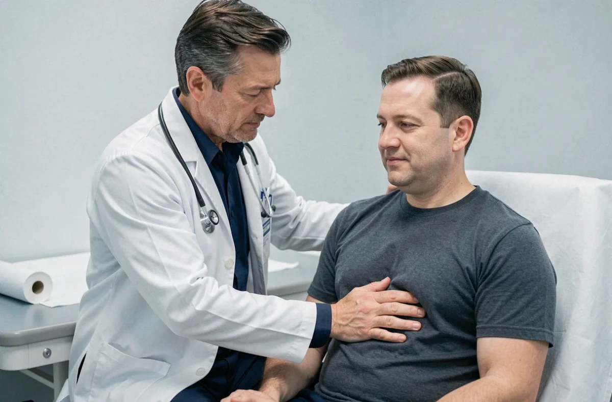 Médecin examinant la zone abdominale droite d'un patient adulte lors d'une consultation médicale pour douleur sous les côtes