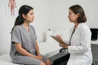 Jeune femme en consultation médicale discutant de symptômes de ganglions lymphatiques avec son médecin