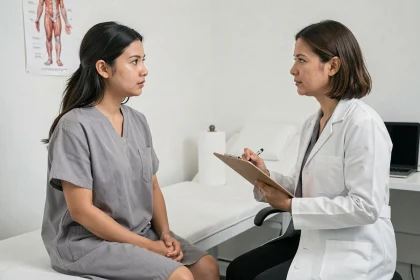 Jeune femme en consultation médicale discutant de symptômes de ganglions lymphatiques avec son médecin