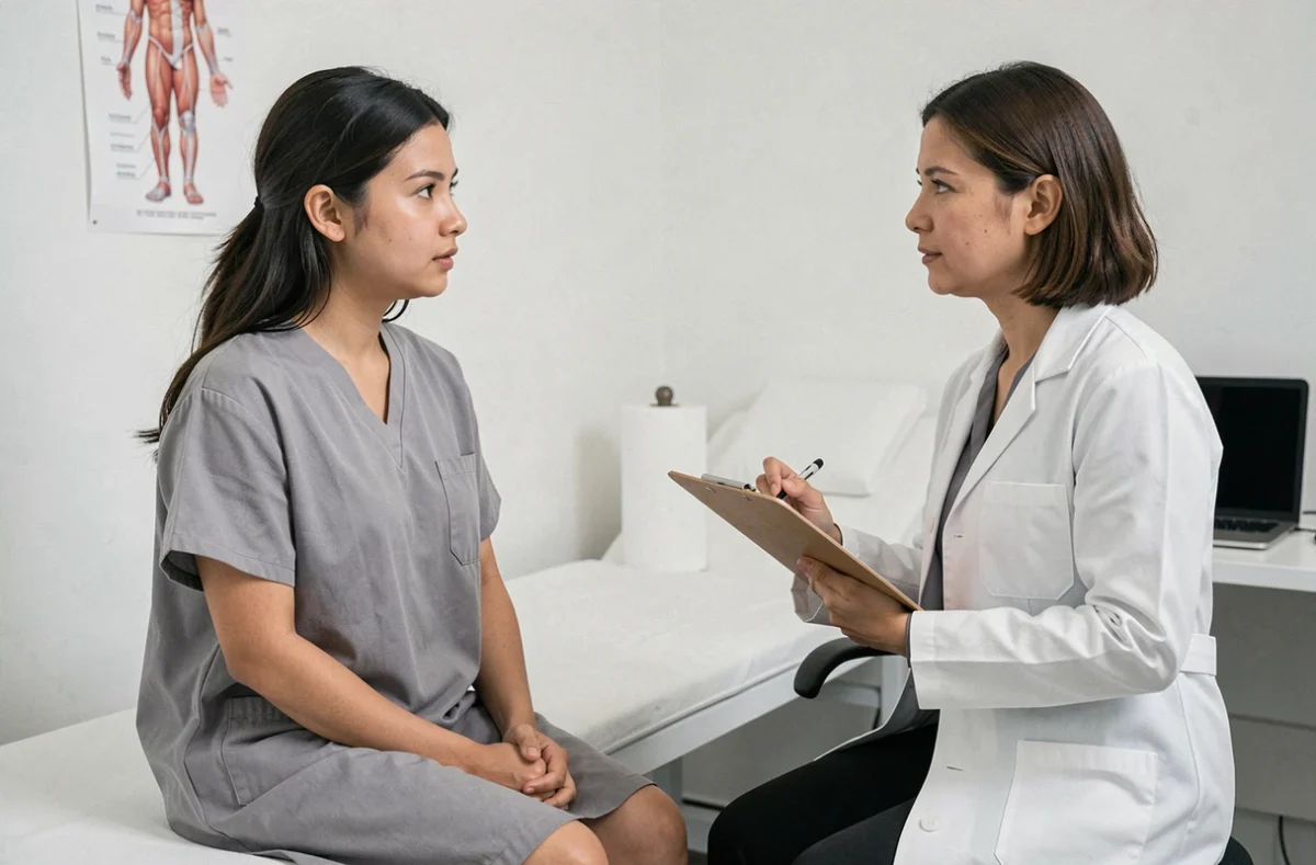 Jeune femme en consultation médicale discutant de symptômes de ganglions lymphatiques avec son médecin