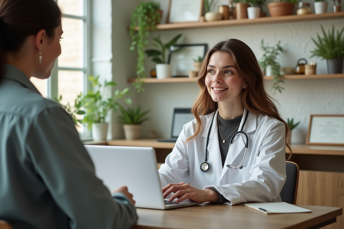 Consultation entre naturopathe et client dans une clinique naturelle