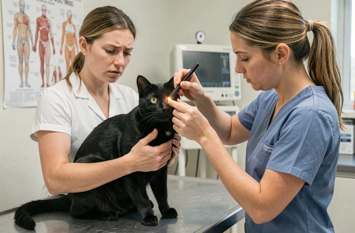Vétérinaire et propriétaire lors d'un examen ophtalmologique d'un chat noir aux pupilles dilatées en clinique