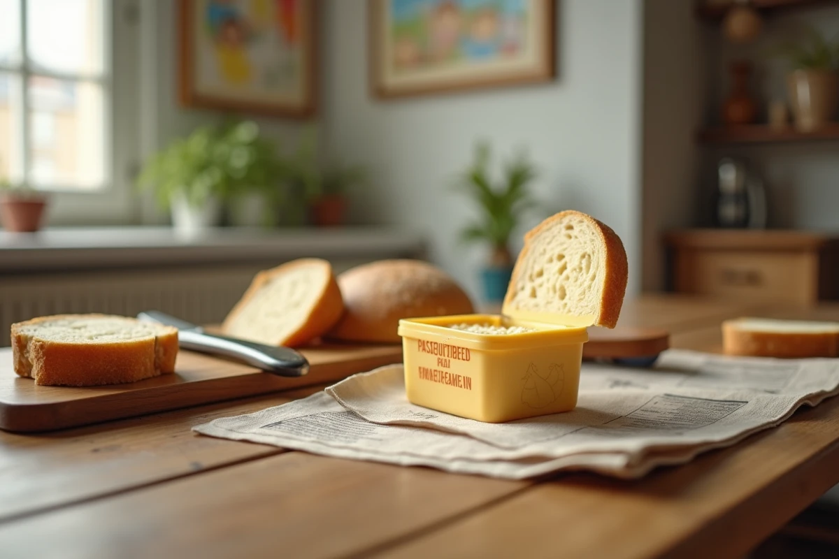 Contenant de parmesan ouvert avec tranches de pain et ustensiles