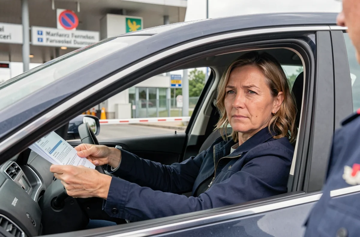 Automobiliste tendant ses documents à un agent des douanes allemandes à un poste frontière