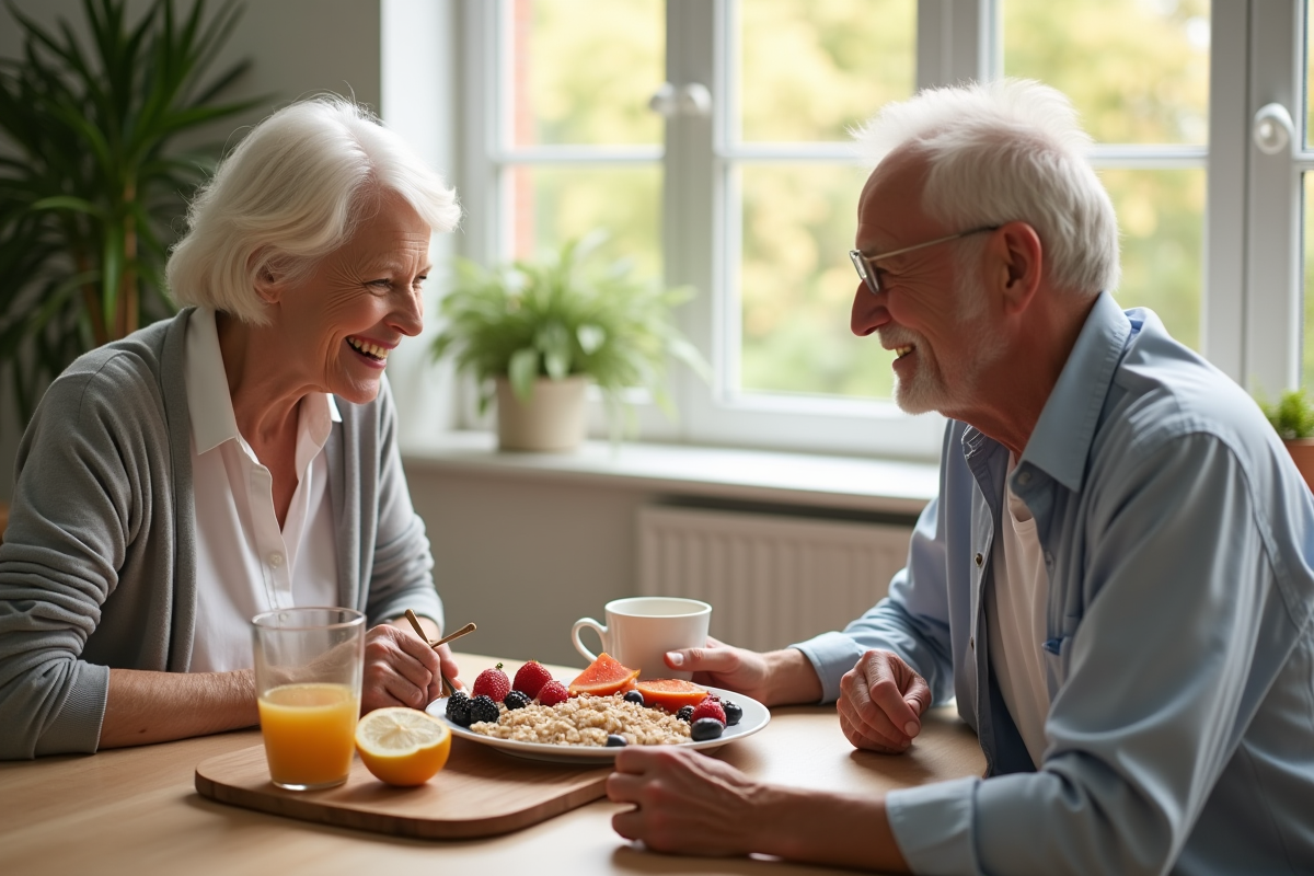Couple senior partageant un petit déjeuner équilibré