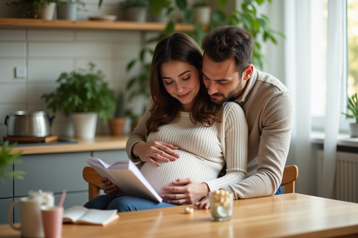 Couple lisant un livret prénatal dans une cuisine lumineuse