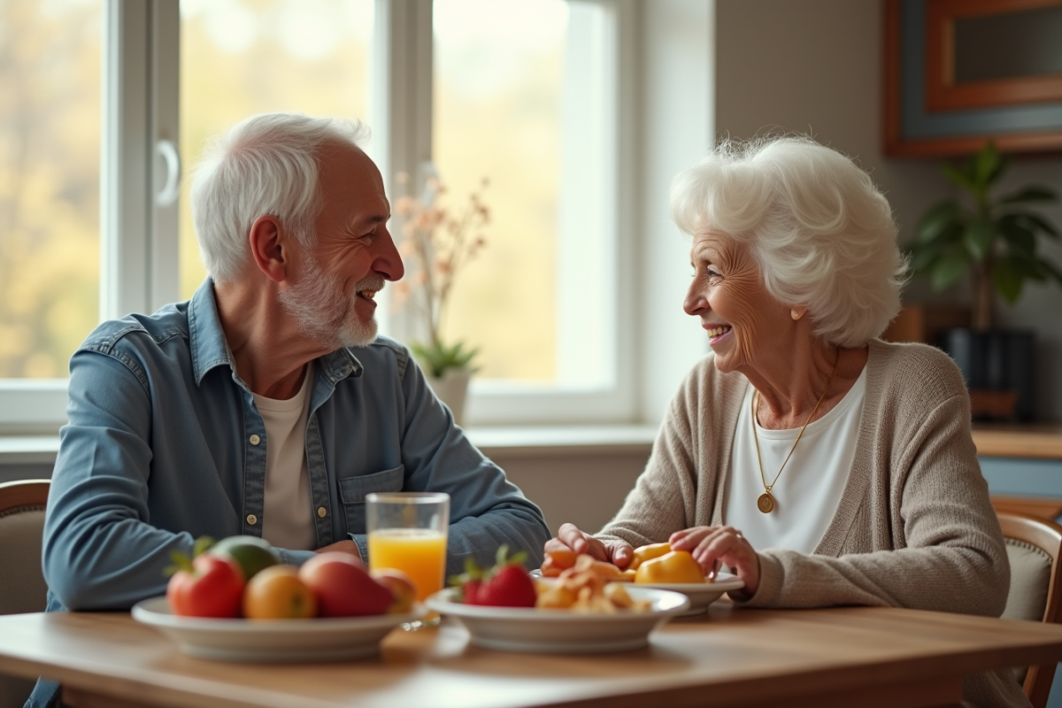 Couple senior souriant prenant un petit déjeuner à la maison