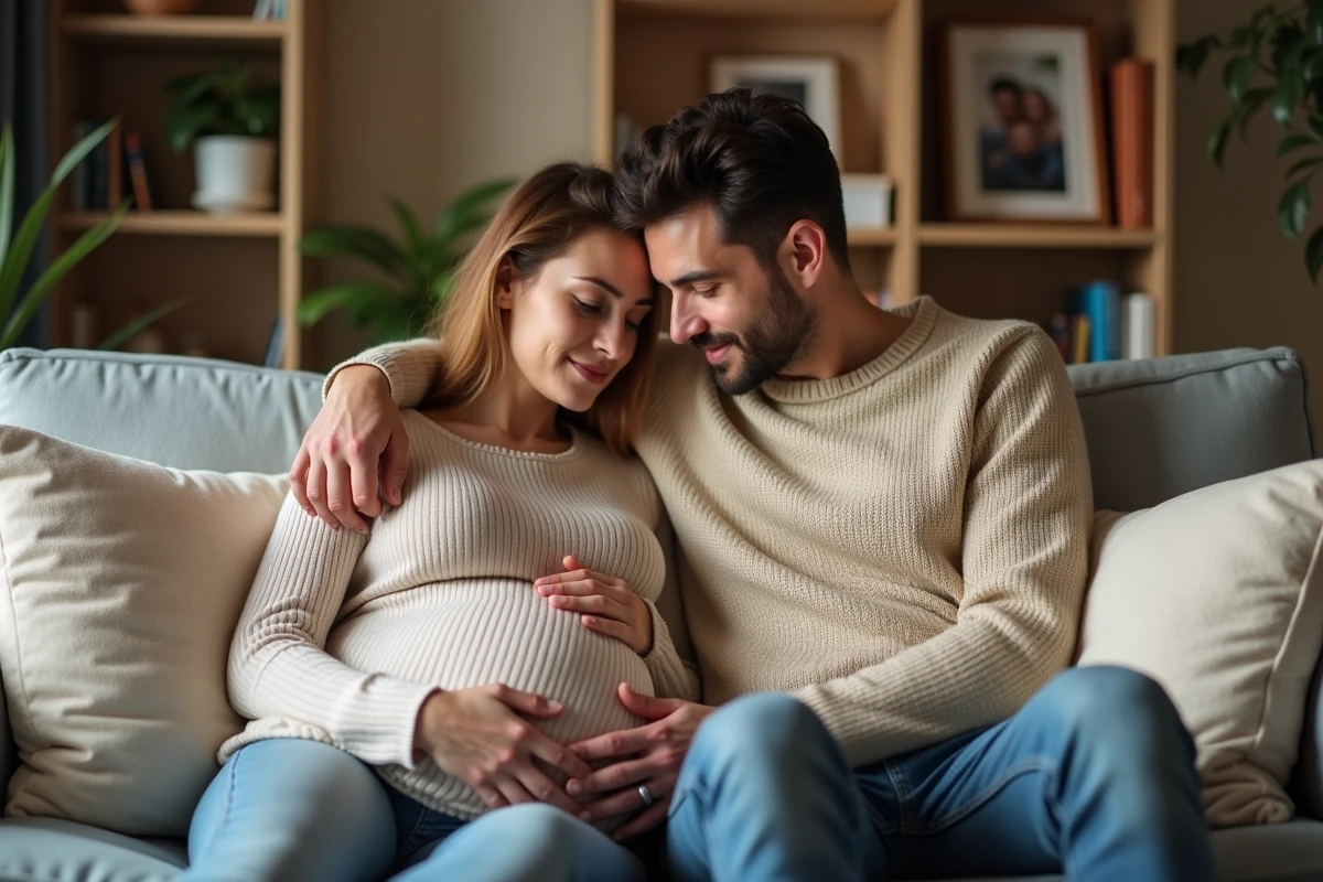 Couple soutenant une femme enceinte sur un canapé