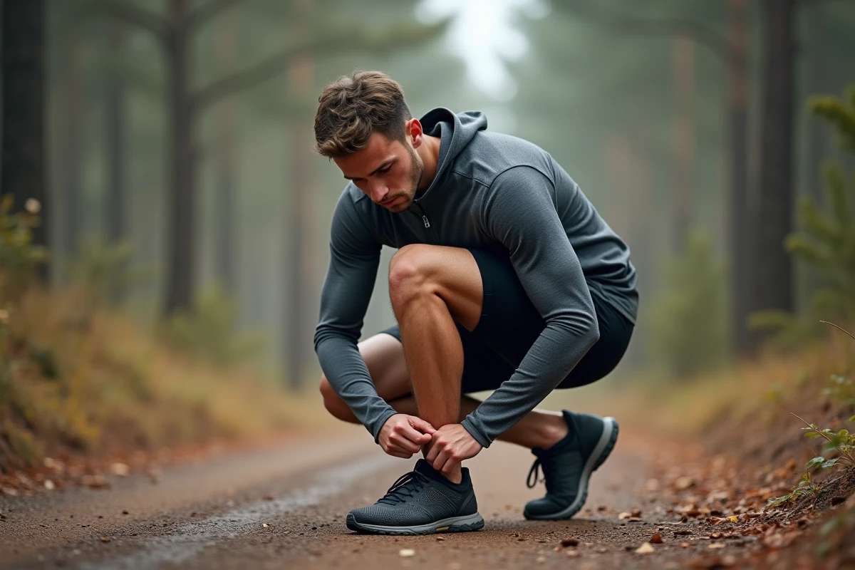 Coureur s'arrêtant sur un sentier forestier pour soulager une douleur au bord externe du pied