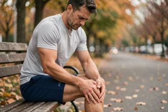 Coureur assis sur un banc de parc massant son mollet douloureux après une séance de course à pied