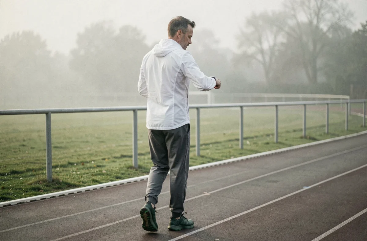 Coureur marchant prudemment sur une piste d'athlétisme consultant sa montre connectée lors d'un plan de reprise après douleur au mollet
