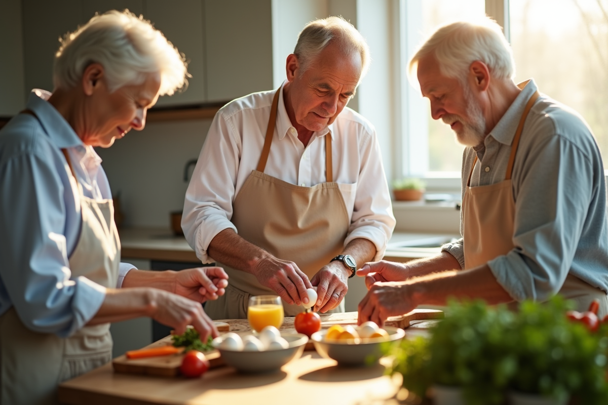 Groupe de seniors préparant un repas sain en cuisine lumineuse