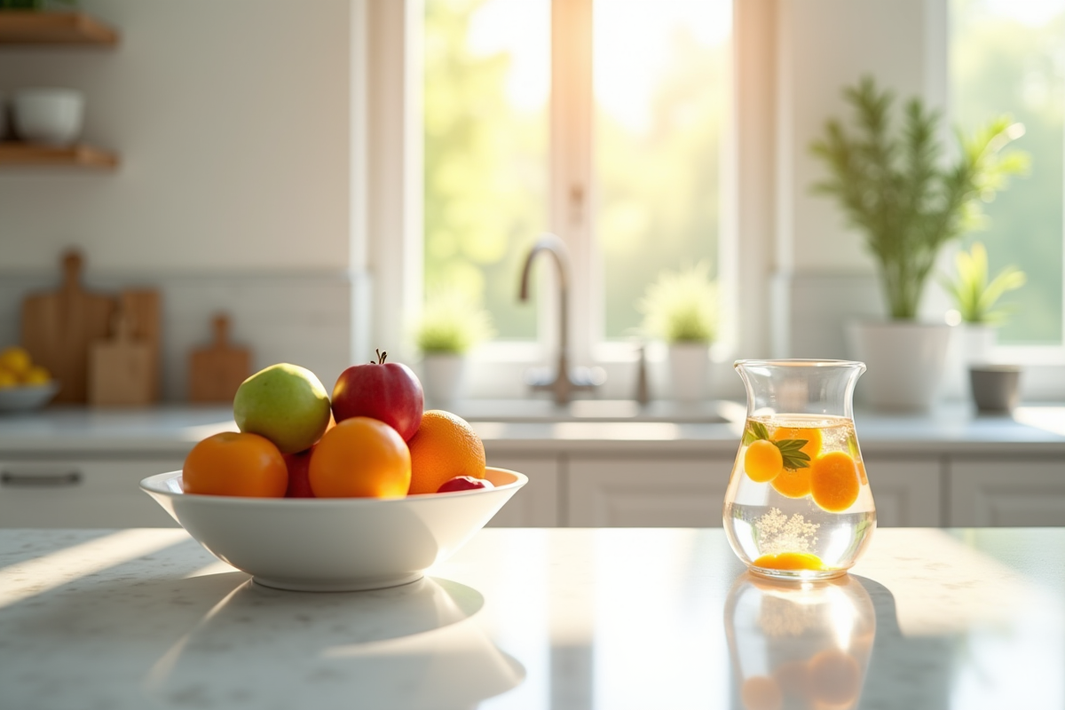 Countertop avec fruits frais et carafe d