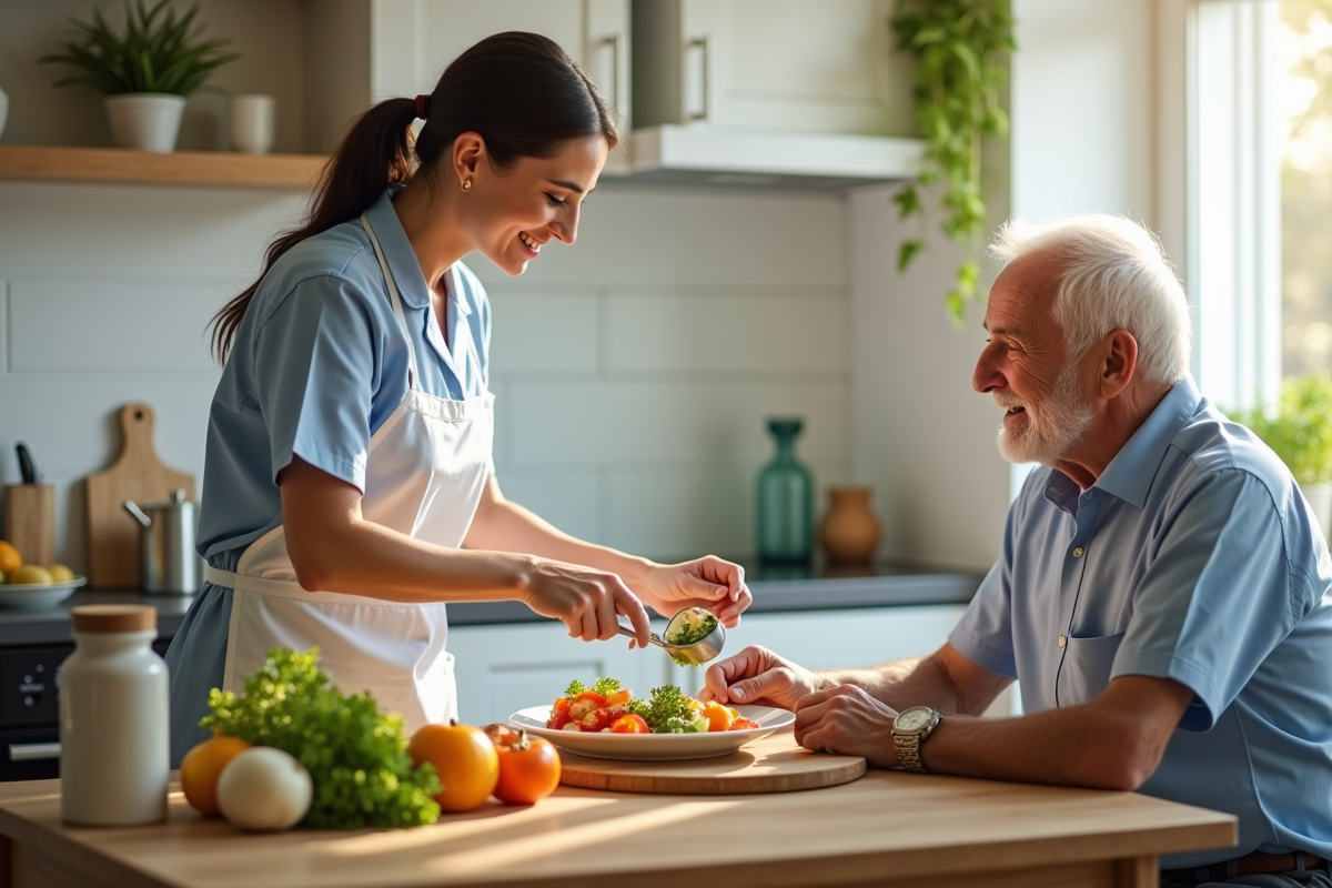 Aide-soignante préparant un repas sain pour un senior dans la cuisine