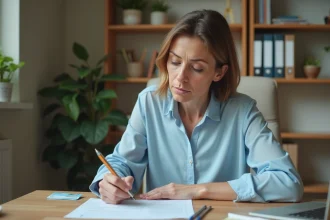 Femme remplissant un formulaire de demande de remplacement de carte Vitale perdue à son bureau à domicile