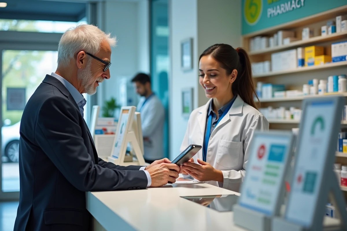 Patient discutant d'un dépistage rapide avec une pharmacienne à l'accueil d'une pharmacie à Gardanne
