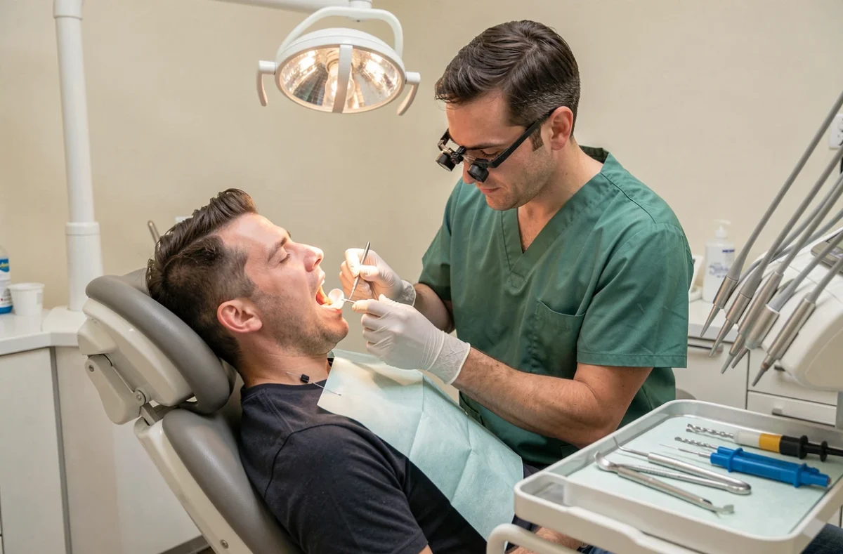 Endodontiste réalisant une dévitalisation dentaire sur un patient avec pose de digue et instruments spécialisés