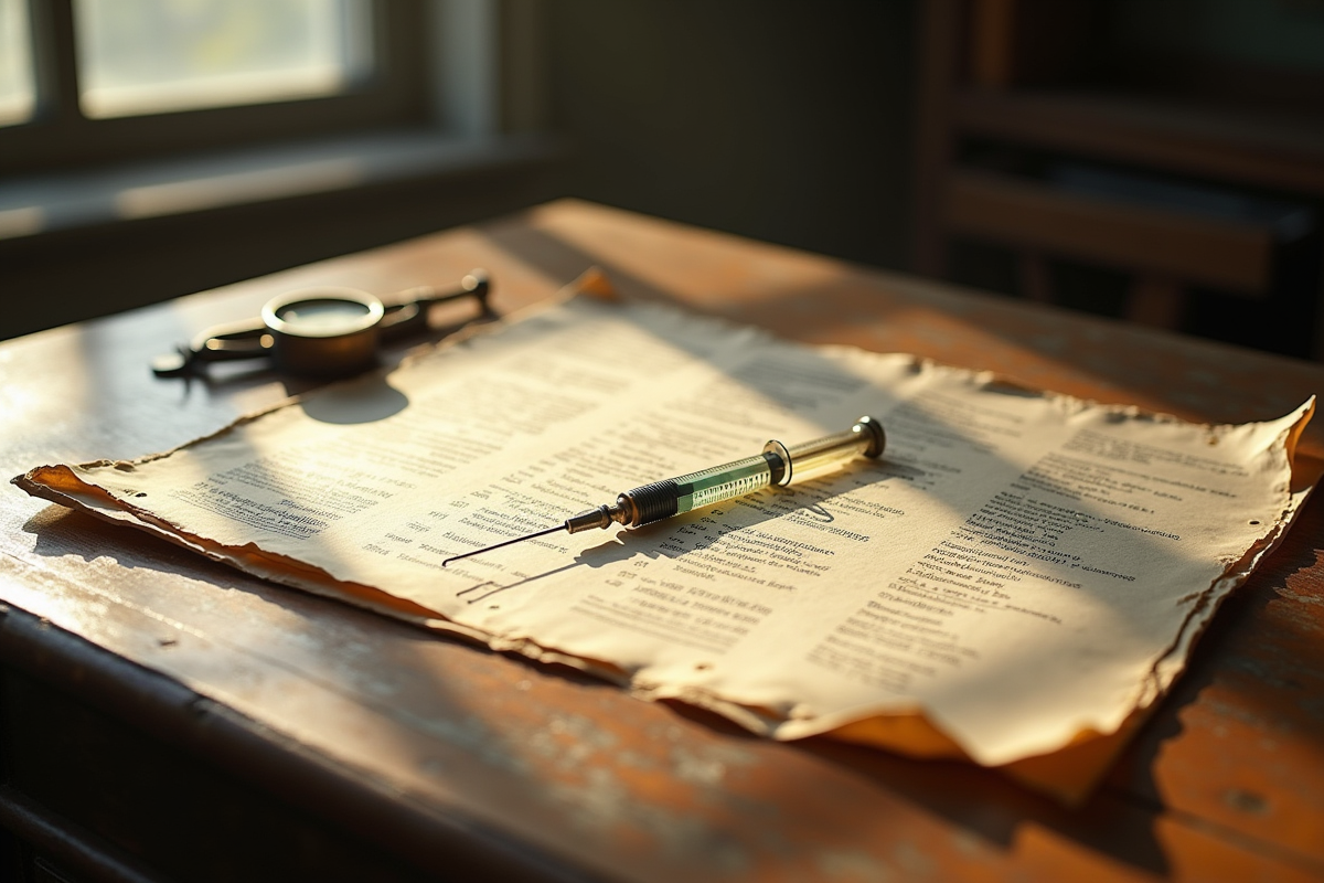 Document médical ancien et seringue vintage sur un bureau en bois