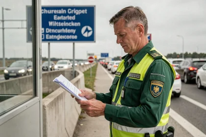 Douanier allemand en uniforme contrôlant des documents à un poste frontière européen