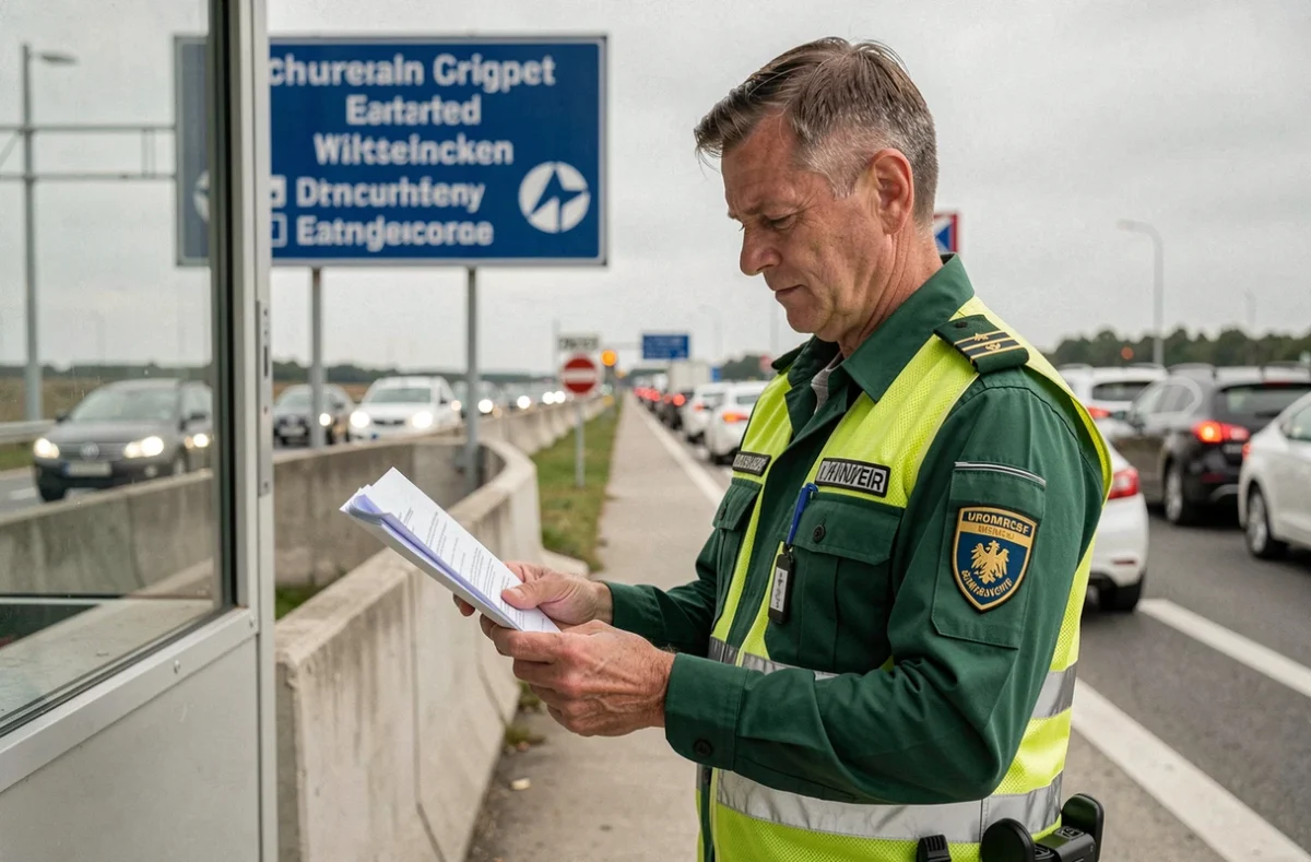Douanier allemand en uniforme contrôlant des documents à un poste frontière européen